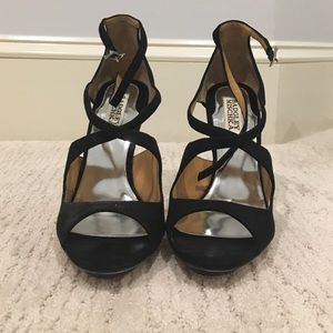 Badgley Mischka black satin strappy heels